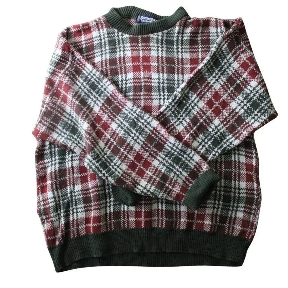 Vintage Scottish Sweater Oversized Plaid Cotton Knit Ribbed Cuffs Grandpacore